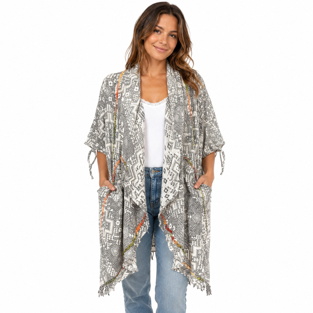 Paper Lacer Embroidered Fringe Woven Boho Festival Kimono Jacket Embroidered M